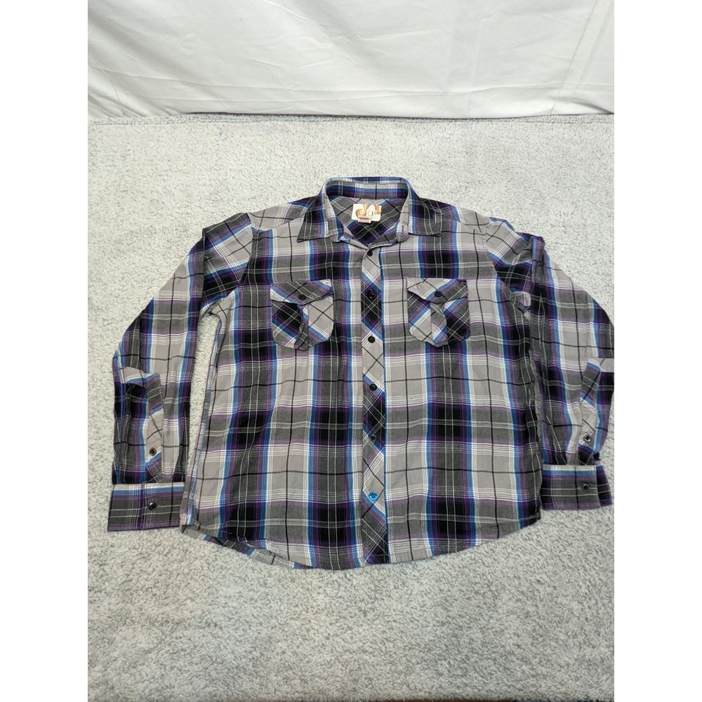 Vintage Op Ocean Pacific Mens Flannel Shirt Black Purple Plaid Large Surf Skater